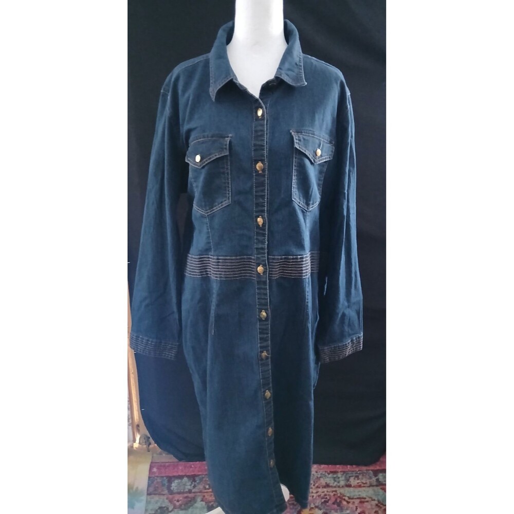 Deja Blue Premium Long Sleeve Button Down Western Style Jean Dress 16 - Picture 2 of 8